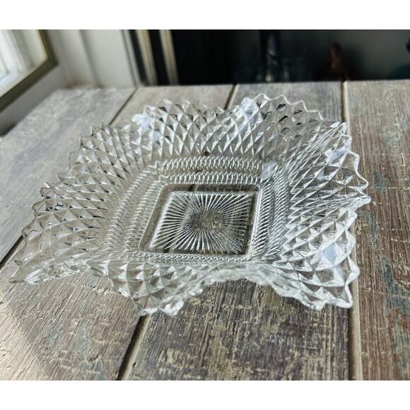 Indiana Glass Clear Depression Glass Square Ruffled Diamond Point 7" Dish Vintag - Picture 5 of 15